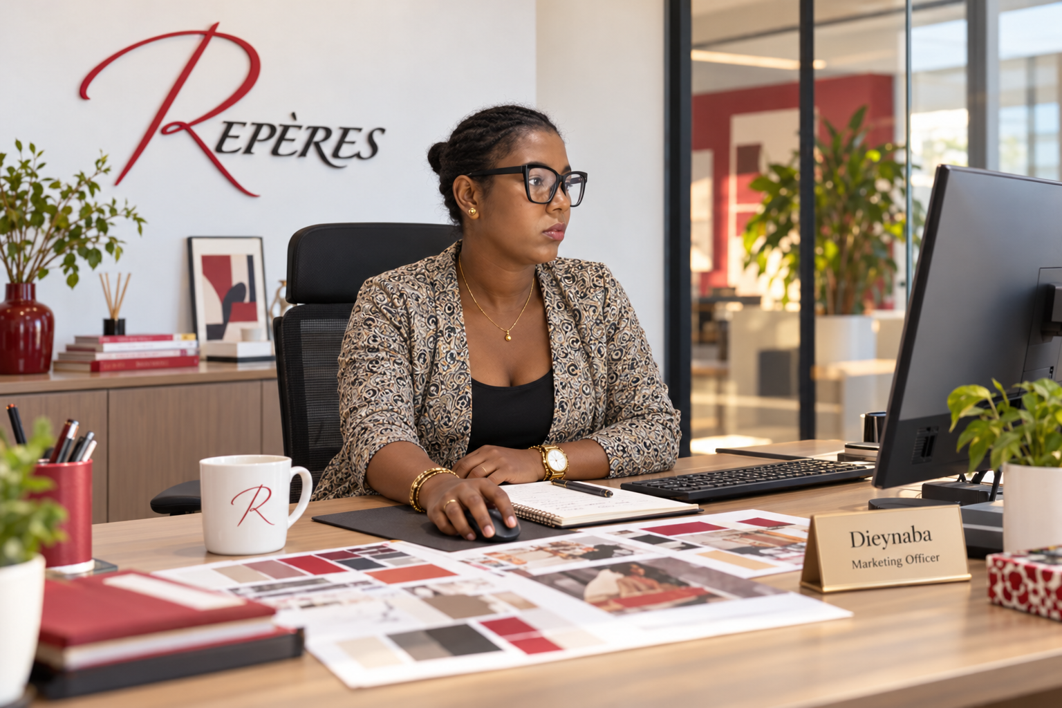 Dieynaba, Marketing Officer, dans un bureau moderne Repères — portrait mis en scène