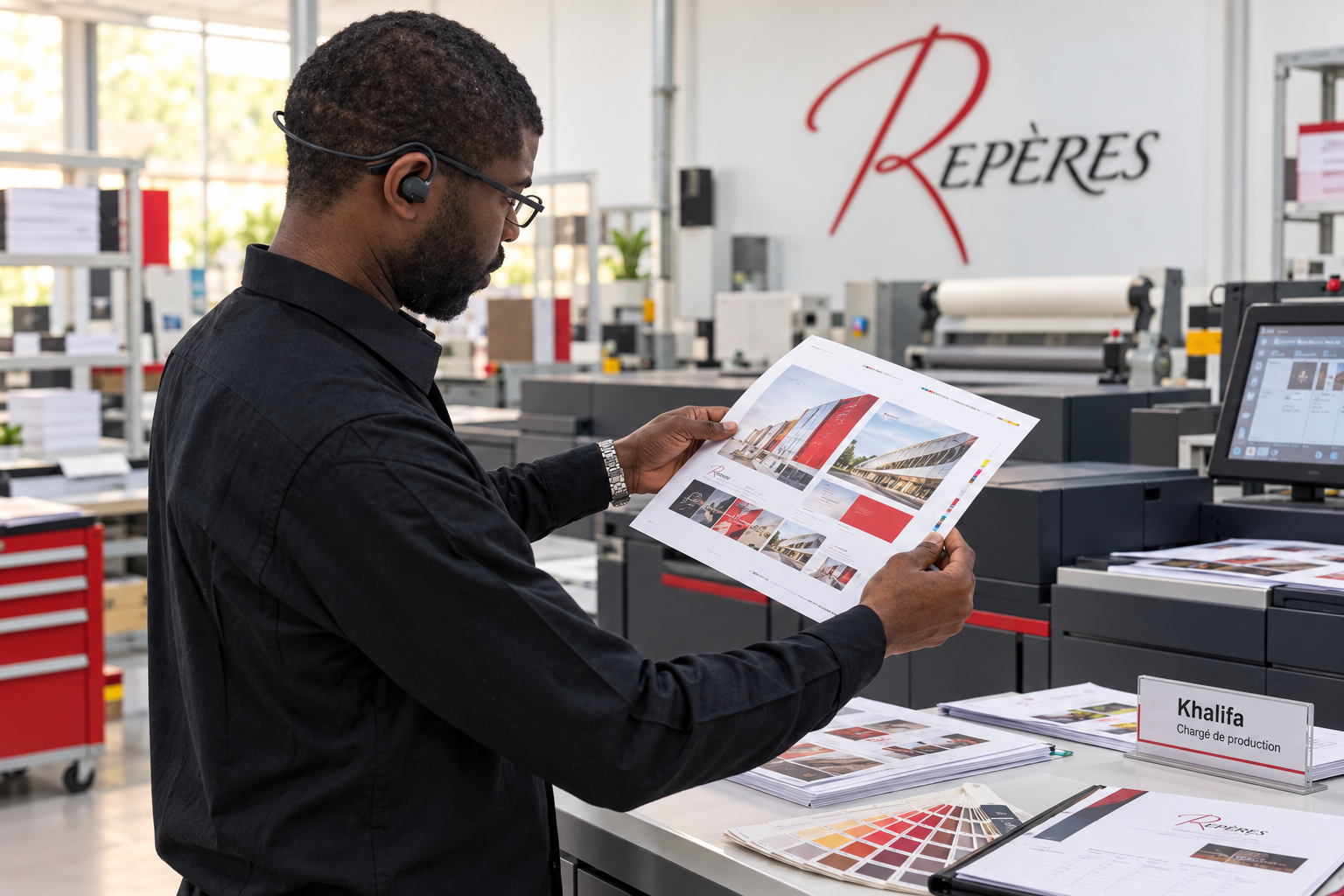 Khalifa, chargé de production, dans un atelier moderne Repères — portrait mis en scène